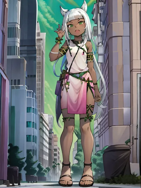 Ochette, dark skin, white hair, green eyes, giantess, huge, 70 ft tall, cute, full body, best quality, pink dress, metal bracelets, larger than buildings, flat ground, street, ground visible, loose baggy black shorts, adorable, kind, gentle, empty hands, s...