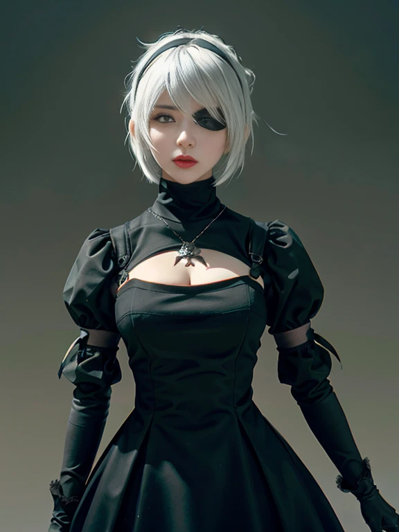 yorha no. 2 type b, 1girl, wlop, (blindfold), breasts, cleavage, cleavage cutout, clothing cutout, green background, hair between eyes, hairband, highres, juliet sleeves, long sleeves, nier (series), nier automata,  puffy sleeves, red lips, shaded face, sh...