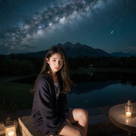 under the starry night sky，precipice，Seated teenager，