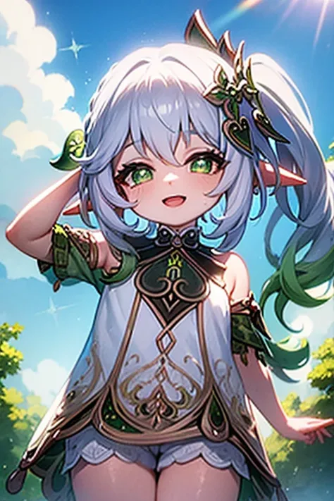 upkirt, loli, outside, open mouth, happy, smiling, sunny, happy, bright sunlight, grass, pointy ears, hair ornament, white hair, green hairstreak, from below, side ponytail, masterpiece, best quality, vagina, bottomless