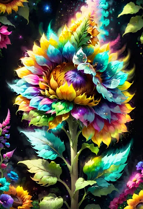 Digital art details the best masterpieces, Best quality, ((Crystal clear delicate sunflower))，Colorful diamonds as background，elegant leaves, graceful stem, And delicate, and elegant, florals, sparkling petals, Flower nucleus, surrounded by flower, Represe...