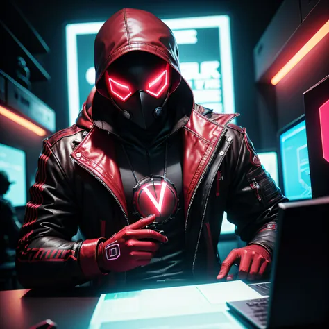 Masked man , neon vermelho , dark , com capuz, cyberpunk, on a pc, looking at the veiwer