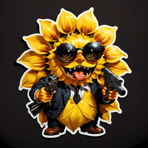 big (sticker) of a cute adorable furious (((sunflower gangster))) ((looking at the viewers)) ((vivid eyes)), (holding a gun), ((...