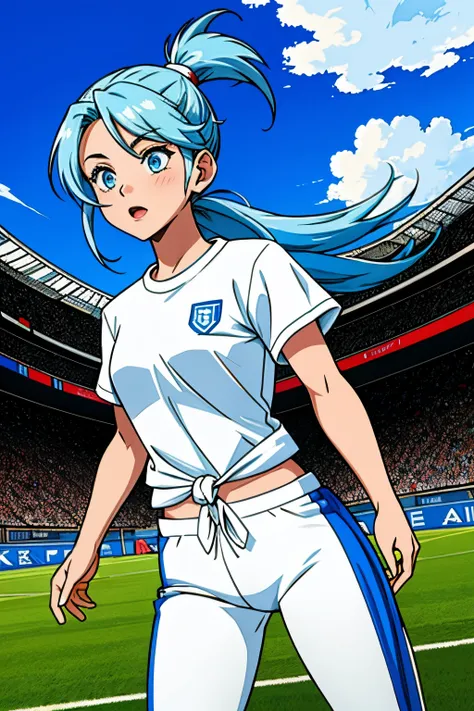 Cute girl, Girl playing football, soccer, She wears a white t-shirt and blue pants, Tied hair, light blue eyes