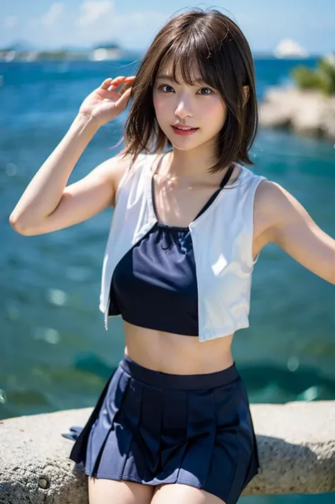 NSFW、japanes、Wearing a high school uniform、Strong winds pull up the hem of the skirt.、Impossibly short skirt、Very very cute face、(ふしだらなＹDark blue micro mini pleated skirt on shirt、underwear under white clothes、white  panties)、sexy  pose、((The skirt is flip...