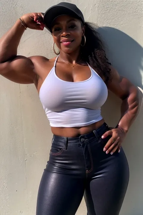 40 year old akilah bodybuilder baseball hat tight jeans and crop top, leather boots