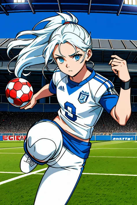 Cute girl, Girl playing football, soccer, She wears a white t-shirt and blue pants, Tied hair, light blue eyes, short pants, Attack on the field, White hair, Football player clothes