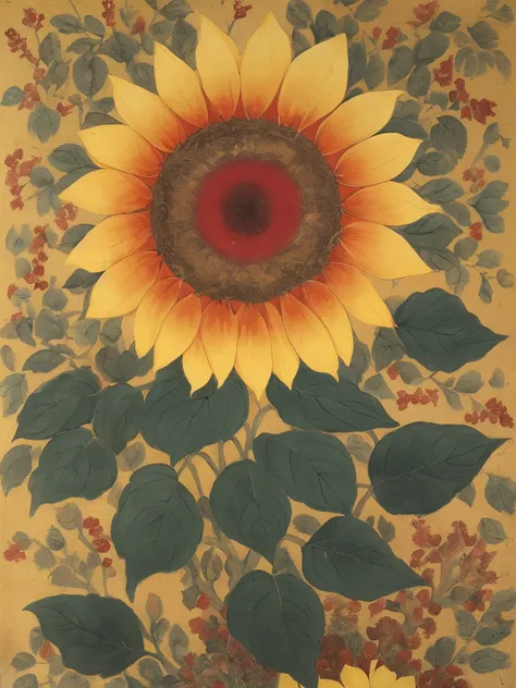 Under the sunset,  (Sunflowers and red berries by French painter Sachéfinade），The center of the sunflower is like a beautiful sad eye，Among the dense flowers and leaves，It seems like there are countless pairs of eyes staring at you，（insectoid plants），The p...