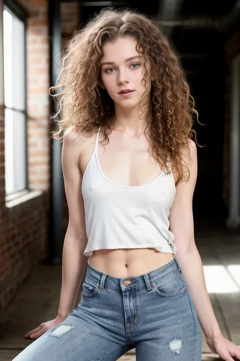 Actor headshot of a very sexy very skinny, exotic white 16 year old, very long ass-length curly brown haired freckles, seated on the floor a tight white German army tank top and worn ripped jeans, barefoot, nipples showing through tank top, camel toe showi...