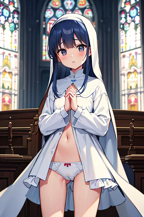 {{{{{{nun child praying with hands together&#39;abbey&#39;clothes are upside down}}}}}} 、Cute,  White ruffled panties, {{{{{{Half Top}}}}}}、Blue-haired、 Long hair、 {{{{{{Realistic}}}}}}, {{{{{{Head out of frame}}}}}}, Thigh, {{{{{{{{{From below}}}}}}}}}, B...