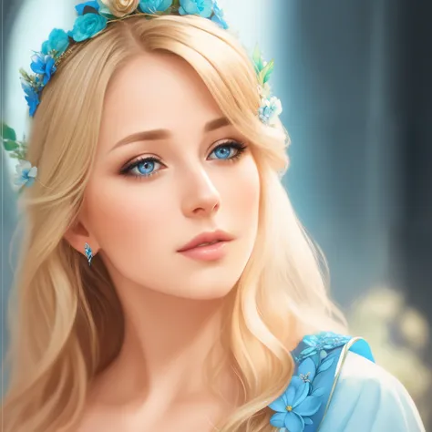 blonde with blue eyes and a blue dress with a flower in her hair, fantasy concept art portrait, Detailed matte fantasy portrait, alexandra fomina artstation, beautiful character painting, Princess PortraitP-art, realistic fantasy illustration, fantasy art ...