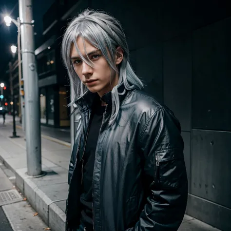 Give me a boy anime character that has blue eyes, silver hair and black jacket and black jeans