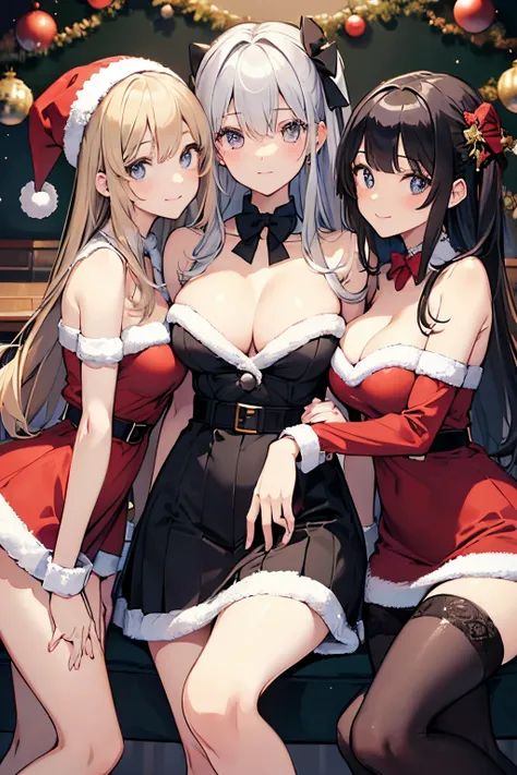 High school girls enjoying a Christmas party、 (3女の子:1.5)、 BREAK(3女の子),(beautiful eyes finely detailed、Face to detail、masterpiece sidelighting、​masterpiece、top-quality、detaileds、High resolution illustration),Woman facing the front with her whole body,Delica...