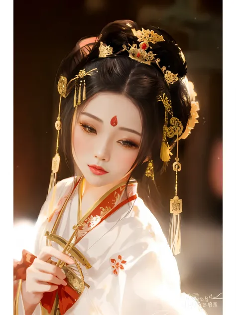 One wears Hanfu、Close-up of woman holding fan, Hanfu, 宮 ， A girl in Hanfu, Princesa chinesa antiga, Traditional beauty, ((beautiful fantasy empress)), Chinese, white hanfu, ancient chinese beauti, beautiful fantasy empress, chinese empress, Wearing ancient...