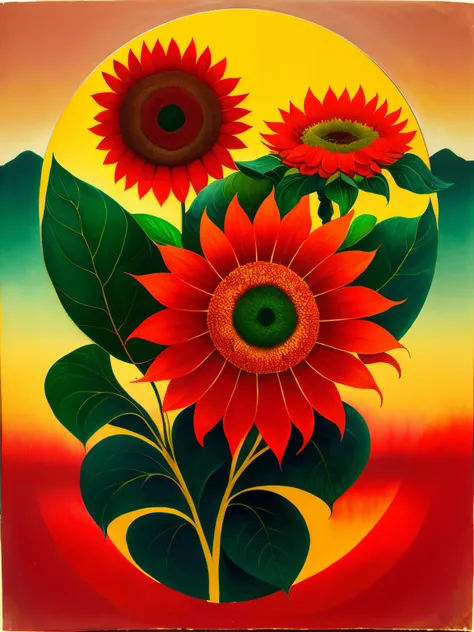 Sunflowers and red berries in the fields, set in the sunset, by Sahafin Lewis，The center of the sunflower is like a beautiful sad eye，Among the dense flowers and leaves，It seems like there are countless pairs of eyes staring at you，（insectoid plants），The p...