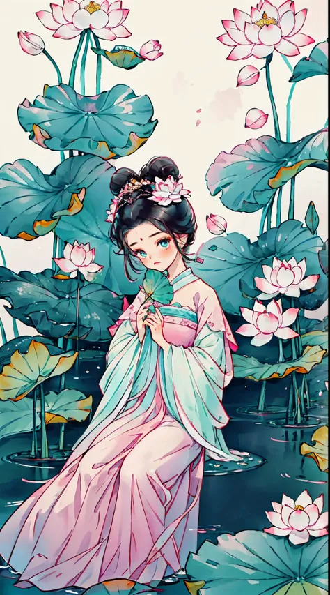 1 Sister, Alone, looking at viewert, face flushed, Background with, black hair color hair, hair adornments, longer sleeves, white backgrounid, Eternal, Full body lesbian, flowers blooming, Pink lotus, Lotus leaf, hairflower, hair-bun, butterflys, tmasterpi...