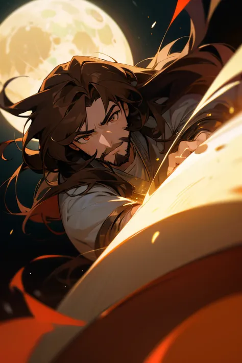 Best Quality, Masterpiece, Super High Resolution, Illustrations, boy, voluminous lighting, Depth of field, facial hair, long brown hair, moon white eyes, anime