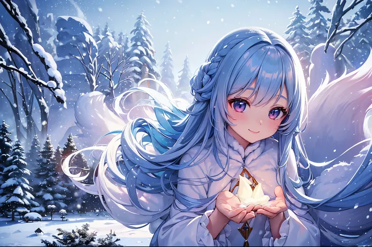 (snow art, snow theme:1.4), one long light blue hair girl、adorable smiling、Winters、big squirrel, dreamy fantasy art, rococo art style, burgundy color, plum, dove, (best composition), ultra wide-angle, Convoluted, (Best Quality, masutepiece, ​master piece, ...