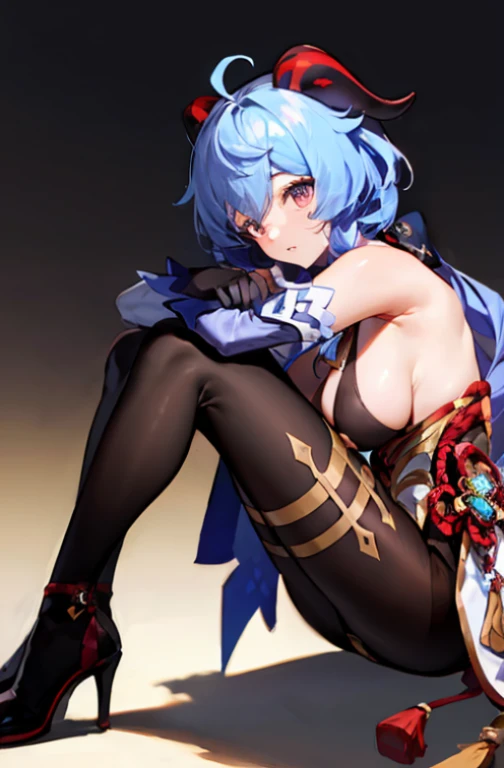 tmasterpiece, Need, 1girl, solo, long whitr hair, , looking at viewert, By bangs, mitts, cropped shoulders, middlebreast, sitted, blue  hair, purpleeyes, florals, ahoge, lacepantyhose, the sleeve, cow horn, Black gloves,Eau, high-heels, From the side Side,...