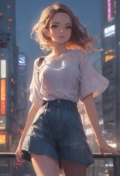 portrait of a beautiful girl, flowy hair, full body, modern clothes, cinematic lighting, city background, highly detailed, digital painting, trending on artstation, pixiv, concept art, sharp focus, illustration, art by ross tran and wlop, (good composition...