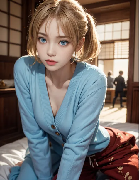 About 20 years old、Japan women、Beautiful woman、Blonde Straight Shorthair、Beautiful hair、A detailed face、Detailed eyes、A detailed face、Detailed skin、realskin、((pajamas、Canadian pattern long cardigan))、autumn hospital、Hospital garden、Big ginkgo tree、((Light ...