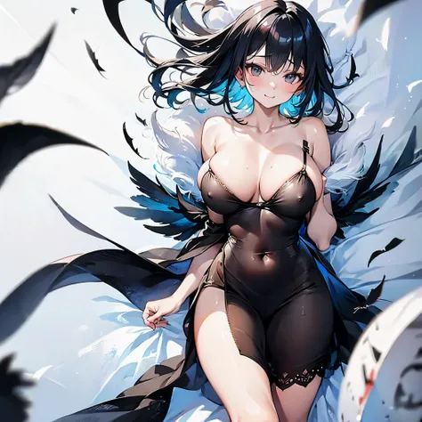 solo girl standing on peak of snowy mountain, strongly blowing frozen wind, BREAK, (black short hair:1.3), (flapping black sheer short dress:2.0), (plunging neckline:1.2), (black one-piece skirt:1.3), (shoulder strap:1.5), BREAK, collarbone, bared slim arm...