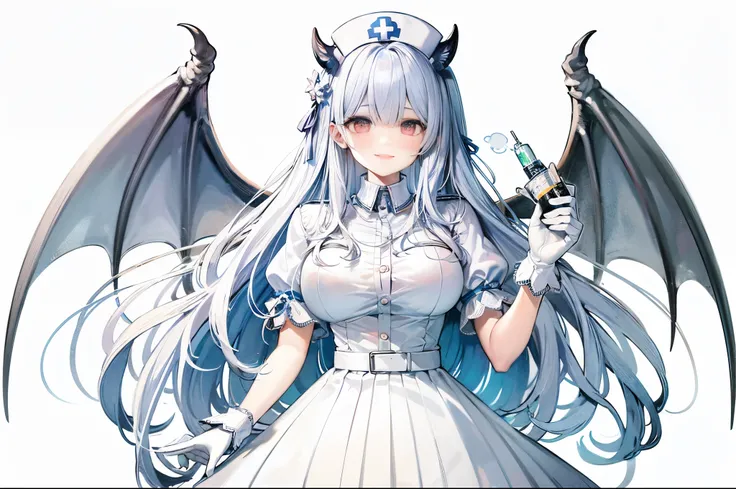 Big breasts, Beautiful woman, White hair, Long hair, white cloth covering eyes, nurses outfit, Short pleated skirt, Nurses Cap, has a very large syringe, Devils Wings, Smiling mouth, White background,High quality, amount of drawing, pixiv illustration