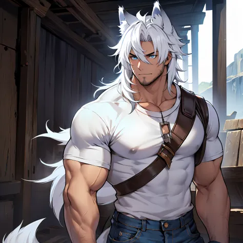 muscular man wearing only a pair of torn jeans, has long white hair, there are wolf ears, glow blue eyes, there is light stubble...