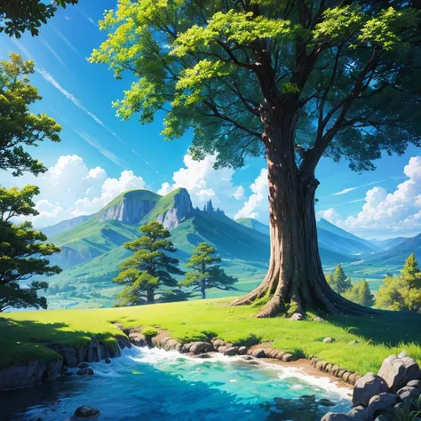 Create an Isekai world nature and blue sky