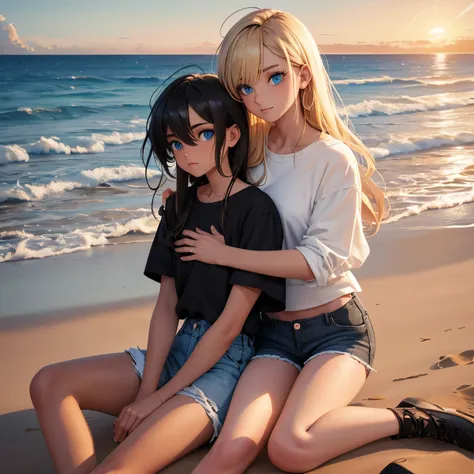 2 people sitting on the beach in the sand with a sunrise in the background one is a boy with blue eyes and black feathered hair ...