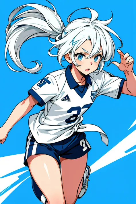 Cute girl, White tied hair, light blue eyes, beautiful face , soccer player, dressed as soccer players, Cute girl, Tied hair, light blue eyes, short pants, Attack on the field, White hair, Football player clothes, piece of art, Football players clothes, fo...