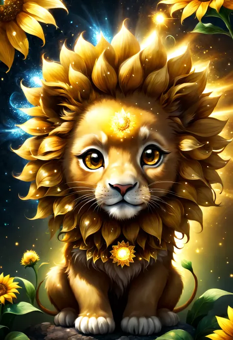 cute chibi lion, Sun flower, Fusion, Fractal Art, Glitter, glinting