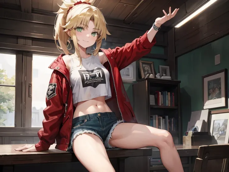 incomparable masterpiece, ultra 8k CG, ultra high resolution, perfect art, modred, (green eyes:1.5), blonde hair, ponytail, short hair, scrunchie, red scrunchie, hair scrunchie, denim, denim shorts, jacket, midriff, navel, red jacket, short shorts, shorts,...