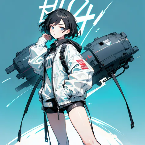 (masutepiece:1.2, Best Quality), [1 girl in, expressioness, Turquoise eyes,jet-black hair, Half shorthair,White jacket,Take off your jacket, ] (Gray white background:1.3),