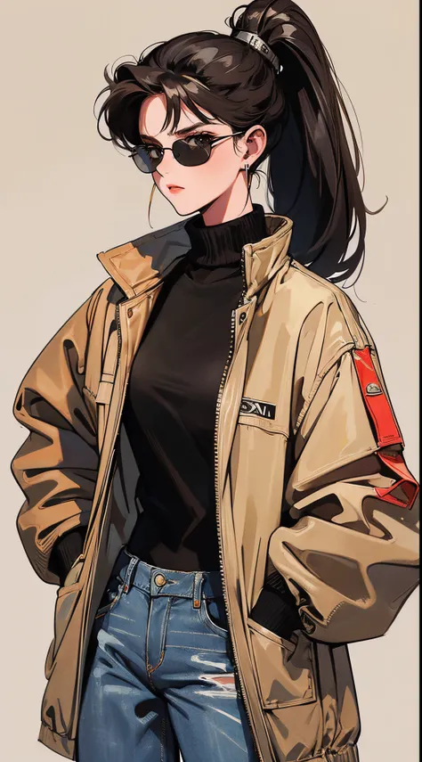 sharp, 1 girl, high ponytail, black hair, sunglasses, brown coat, dark turtleneck,half body, small earrings, trousers, baggy jeans, plain background