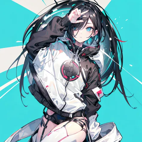 (masutepiece:1.2, Best Quality), [1 girl in, expressioness, Turquoise eyes,jet-black hair, Half shorthair,White jacket,Take off your jacket, ] (Gray white background:1.3),