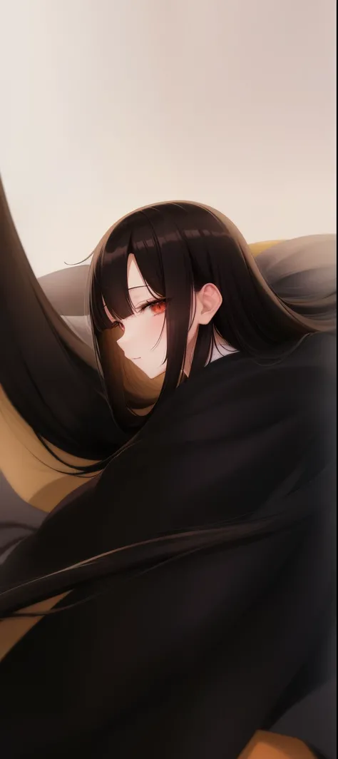 Anime girl with long black hair wrapping herself in a blanket, Anime cute art style, Digital anime illustration, Anime style 4k, Anime art wallpaper 8 K, digital anime art, High quality anime art style, Anime art wallpaper 4k, Anime art wallpaper 4k, digit...