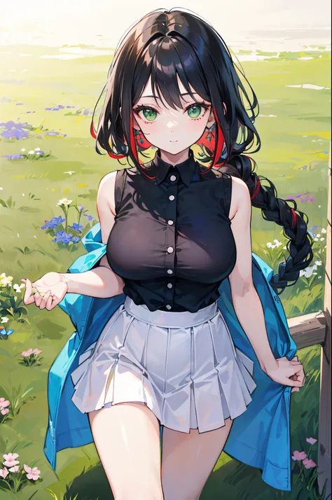 Young woman with black hair with red highlights, 25 years old,Adult body;;;;, green eyes, long-haired,Green braid tied in bows left and right......Big breasts..,, Wear a blue sleeveless shirt......button up.  White short skirt, Walk on the grass with a sli...