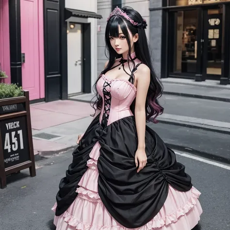 Pink and black hair,Longhaire,Pink Gothic Dress,full body seen,Asian