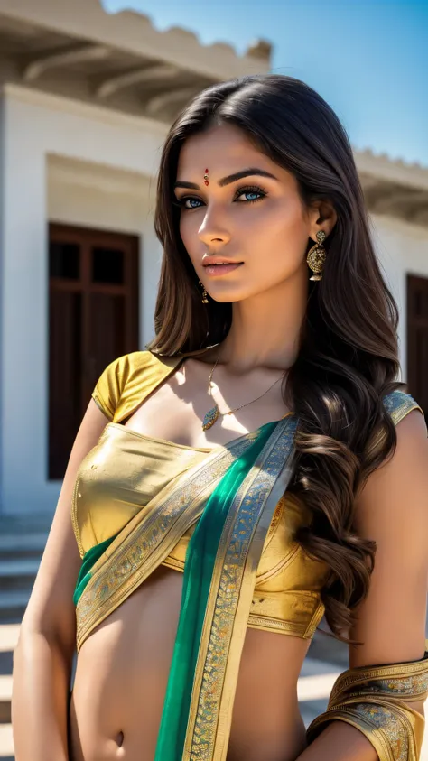 RAW portrait photo of 1 brunette woman with long hair, in front of a hindu temple, wearing a beautiful saree, imagem de perfil, russian supermodel,, medium firm breasts, soio, revela seu corpo, transparente, altamente detalhado, skin imperfections:1.1), de...