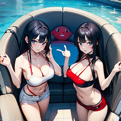 (Best Quality)), ((Masterpiece Art)), A trick for flawless beauty, (high resolucion), Very reduced 8K , a flawless face, perfect eyes, Symmetrical body shape,Black hair, red bikini, blue hotpants, large full breasts, pool