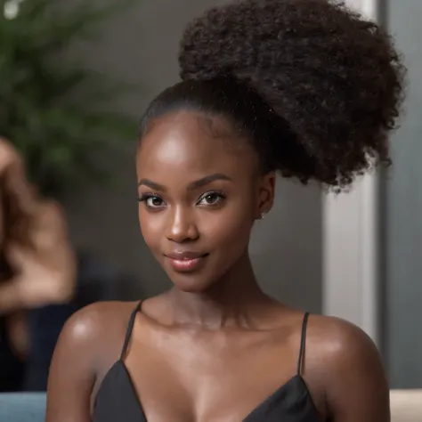 ((Dark African skin, Very deep ebony skin)), ((Its beauty undeniable)), ((Excited cute face)), ((Hyper detailed perfect eyes,)), ((pose mignonne)), ((Langue sortie)), ((Seductive )), sexy, ((suit)), ((Afro ponytail with long African curly hair,)), (( peau)...