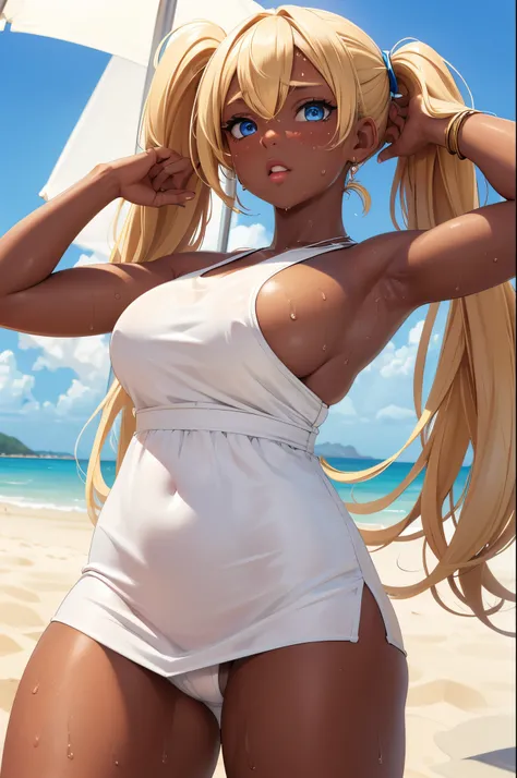 (Masterpiece, Best quality, ultra high resolution),1girl, dark brown skin, blue eyes, blonde hair, large breasts, thick thighs, twintails, white summer dress, beautiful and detailed face, detailed eyes, detailed nose, sweating, beach background, arms up re...