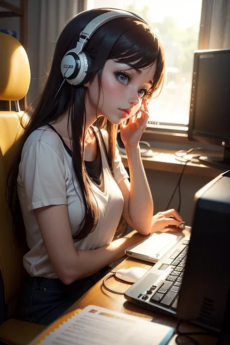 (((anime minimalistic))), (((best quality))), ((sunlight light)) lofi girl is listening to music and is working on her computer