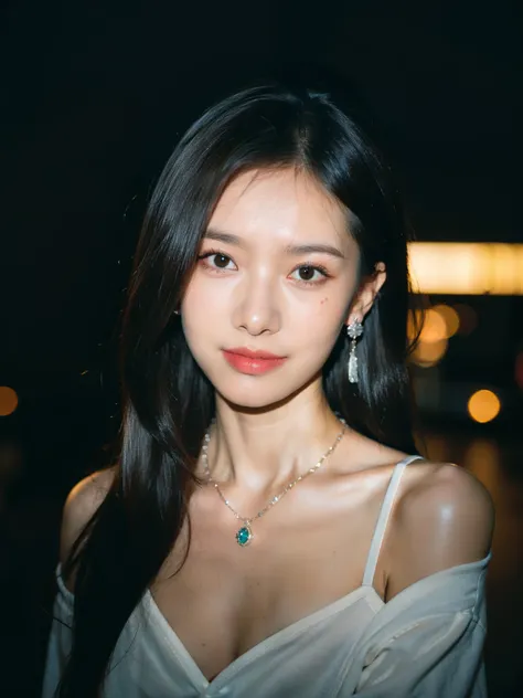 best quality, 8k, masterpiece: 1.3, 1girl, blush, (seductive smile: 0.8), closeup face, earrings, necklaces, high detail hair, upper body, bust, portrait, ultra-clear face, (long hairstyle casual, :1.2), offshoulder: 1.1, at night, film grain, chromatic ab...