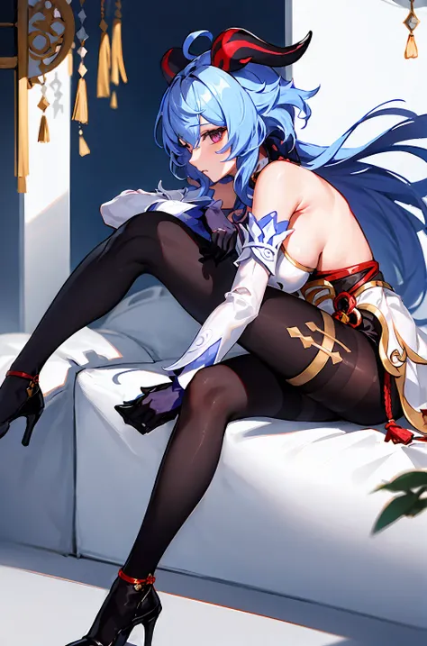 tmasterpiece, Need, 1girl, solo, long whitr hair, , looking at viewert, By bangs, mitts, cropped shoulders, middlebreast, sitted, blue  hair, purpleeyes, florals, ahoge, lacepantyhose, the sleeve, cow horn, Black gloves,Eau, high-heels, From the side Side,...