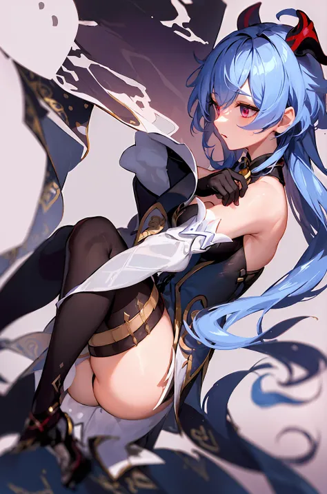 tmasterpiece, Need, 1girl, solo, long whitr hair, , looking at viewert, By bangs, mitts, cropped shoulders, middlebreast, sitted, blue  hair, purpleeyes, florals, ahoge, lacepantyhose, the sleeve, cow horn, Black gloves,Eau, high-heels, From the side Side,...