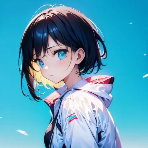 (masutepiece:1.2, Best Quality), [1 girl in, expressioness, Turquoise eyes,jet-black hair, Half shorthair,White jacket,Take off your jacket, ]