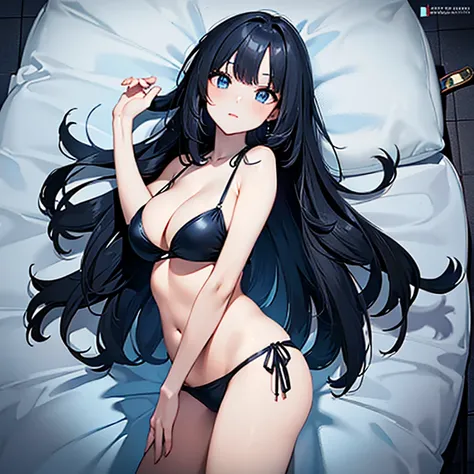 ((Best Quality)), ((Masterpiece Art)), A trick for flawless beauty, (high resolucion), Very reduced 8K , a flawless face, perfect eyes, Symmetrical body shape,Black hair, ((sky blue bikini)), large full breasts, bed