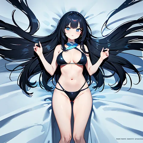 ((Best Quality)), ((Masterpiece Art)), A trick for flawless beauty, (high resolucion), Very reduced 8K , a flawless face, perfect eyes, Symmetrical body shape,Black hair, ((sky blue bikini girl)), large full breasts, bed